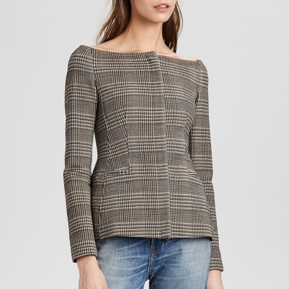 Theory Hadfield Off The Shoulder Plaid Virgin Wool Blazer Brown Size 2